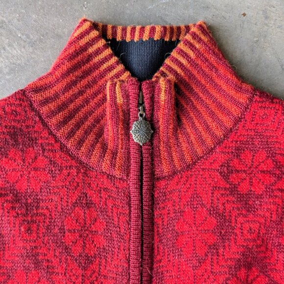 Icelandic Design Red Wool Alpaca Knit Full Zip Long Sleeve Lined Sweater XL - Picture 2 of 9